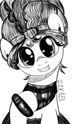 Size: 1200x1920 | Tagged: safe, artist:dsana, derpibooru import, meadowbrook, earth pony, pony, female, ink drawing, inktober, looking at you, mare, meadowcute, monochrome, raised hoof, simple background, sitting, sketch, smiling, solo, traditional art, white background