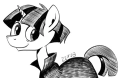 Size: 1280x800 | Tagged: safe, artist:dsana, derpibooru import, stygian, pony, unicorn, cloak, clothes, ink drawing, inktober, looking at you, male, monochrome, simple background, sketch, smiling, solo, stallion, traditional art, white background