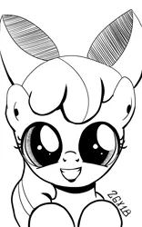 Size: 1200x1920 | Tagged: safe, artist:dsana, derpibooru import, apple bloom, earth pony, pony, bow, female, filly, hair bow, ink drawing, inktober, looking at you, monochrome, raised hoof, simple background, sketch, smiling, solo, traditional art, white background