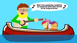 Size: 1066x599 | Tagged: artist needed, safe, derpibooru import, apple bloom, scootaloo, sweetie belle, oc, oc:human, earth pony, pegasus, unicorn, canoe, female, filly, glasses, guitar, human and pony, life jackets, lifejacket, male, musical instrument, singing, smiling, the wiggles