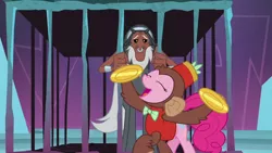 Size: 1280x720 | Tagged: safe, derpibooru import, screencap, lord tirek, pinkie pie, centaur, earth pony, monkey, pony, school raze, annoying, cage, clothes, costume, cute, cymbal monkey, cymbals, diapinkes, female, male, mare, nose piercing, nose ring, piercing, prisoner