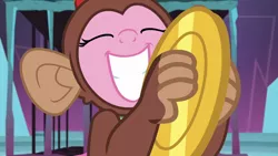 Size: 1280x720 | Tagged: safe, derpibooru import, screencap, pinkie pie, earth pony, monkey, pony, school raze, animal costume, cage, clothes, costume, cute, cymbal monkey, cymbals, diapinkes, eyes closed, female, grin, mare, pinkie being pinkie, smiling, solo, squee