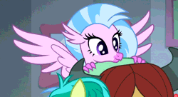 Size: 996x540 | Tagged: safe, derpibooru import, screencap, ocellus, sandbar, silverstream, smolder, yona, classical hippogriff, dragon, hippogriff, pony, yak, school daze, animated, birb, cropped, cute, diastreamies, female, flapping, happy, male, offscreen character, solo focus