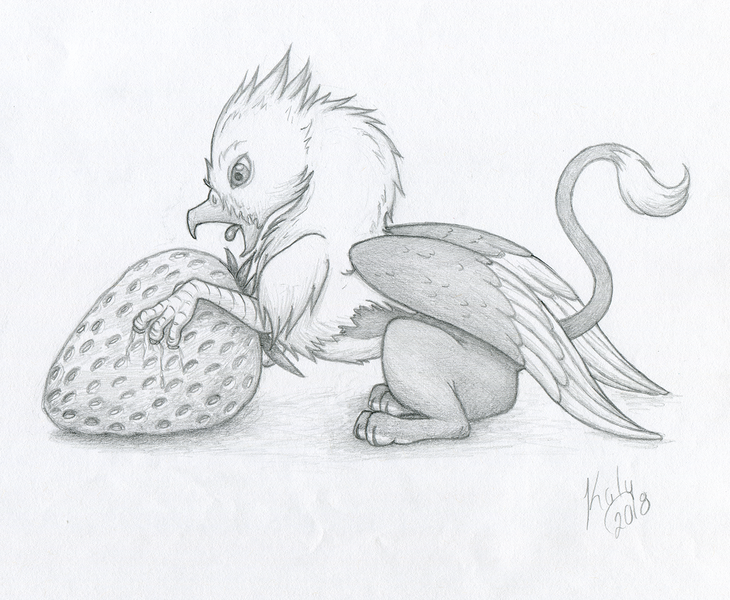 Size: 1502x1234 | Tagged: safe, artist:kalyandra, derpibooru import, oc, oc:der, unofficial characters only, gryphon, black and white, food, grayscale, male, micro, monochrome, open mouth, simple background, solo, strawberry, tongue out, traditional art