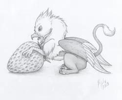 Size: 1502x1234 | Tagged: safe, artist:kalyandra, derpibooru import, oc, oc:der, unofficial characters only, gryphon, black and white, food, grayscale, male, micro, monochrome, open mouth, simple background, solo, strawberry, tongue out, traditional art