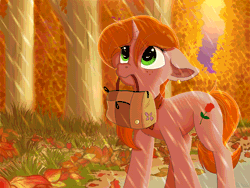 Size: 1470x1103 | Tagged: safe, artist:zobaloba, derpibooru import, oc, oc:debra rose, unofficial characters only, pegasus, pony, unicorn, animated, autumn, bag, blinking, commission, cutie mark, ear fluff, female, floppy ears, gif, gift art, goodbye, horn, leaves, mare, mouth hold, rain, sad, scenery, solo, tree, ych result