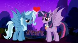 Size: 1600x898 | Tagged: safe, artist:themexicanpunisher, derpibooru import, trixie, twilight sparkle, alicorn, bat pony, bat pony alicorn, pony, bat ponified, bat wings, female, heart, horn, lesbian, mare, night, nightmare night, ponyville, race swap, shipping, spread wings, trixiebat, twibat, twixie, wings