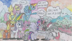 Size: 2482x1416 | Tagged: alicorn, applejack, artist:nephilim rider, derpibooru import, dragon, fluttershy, mane seven, mane six, nephilim, oc, oc:heaven lost, pinkie pie, rainbow dash, rarity, red and black oc, safe, school raze, spike, traditional art, twilight sparkle, twilight sparkle (alicorn), winged spike