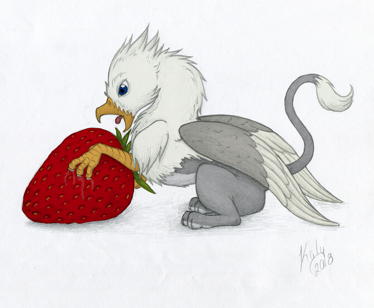 Size: 1502x1234 | Tagged: safe, artist:kalyandra, artist:tinibirb, color edit, derpibooru import, edit, oc, oc:der, unofficial characters only, gryphon, colored, food, male, micro, open mouth, simple background, solo, strawberry, tongue out, traditional art