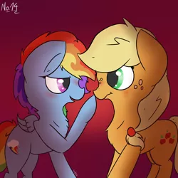 Size: 1280x1280 | Tagged: safe, artist:ezupack, derpibooru import, applejack, rainbow dash, earth pony, pegasus, pony, appledash, blushing, boop, cute, eye contact, female, flirting, happy, lesbian, looking at each other, shipping, signature, simple background, smiling