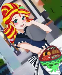 Size: 1280x1539 | Tagged: safe, artist:anonix123, derpibooru import, edit, sunset shimmer, human, eqg summertime shorts, equestria girls, good vibes, alternate hairstyle, anime, apron, barrette, bento, blushing, clothes, female, food, hairclip, hairpin, happi, human coloration, humanized, looking at you, love live! school idol project, mall, offering, open mouth, rice, serving tray, smiling, solo, standing, sunset sushi, sushi