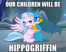 Size: 743x588 | Tagged: safe, derpibooru import, edit, edited screencap, screencap, gallus, silverstream, classical hippogriff, gryphon, hippogriff, hippogriffon, hybrid, what lies beneath, bedroom eyes, caption, caress, cropped, cute, diastreamies, female, gallabetes, gallstream, hug, image macro, interspecies, looking at each other, male, out of context, shipping, straight, text, this will end in pregnancy, this will end in snu snu