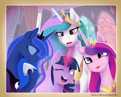 Size: 1024x820 | Tagged: safe, artist:scape-goats, derpibooru import, princess cadance, princess celestia, princess luna, twilight sparkle, twilight sparkle (alicorn), alicorn, pony, alicorn tetrarchy, art trade, ethereal mane, eyes closed, female, glowing horn, hoof shoes, horn, jewelry, mare, one eye closed, open mouth, regalia, smiling, starry mane, tongue out, wink