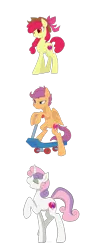 Size: 1024x2731 | Tagged: safe, artist:scape-goats, derpibooru import, apple bloom, scootaloo, sweetie belle, pony, cutie mark, cutie mark crusaders, eyes closed, female, filly, hat, older, older apple bloom, older scootaloo, older sweetie belle, raised hoof, scooter, simple background, smiling, transparent background, trio