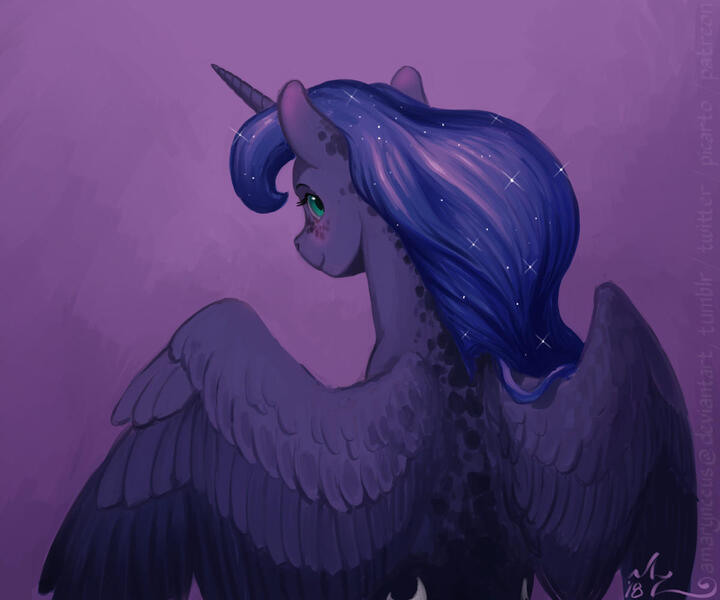 Size: 1200x1000 | Tagged: safe, artist:amarynceus, deleted from derpibooru, derpibooru import, princess luna, alicorn, pony, blushing, coat cancer, dappled, female, freckles, horn, image, jpeg, looking at you, looking back, looking back at you, looking over shoulder, mare, smiling, solo, spread wings, wings