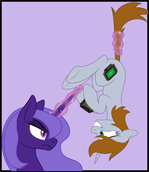 Size: 2551x2938 | Tagged: safe, artist:grypher, derpibooru import, oc, oc:littlepip, oc:violet gale, unofficial characters only, alicorn, pony, unicorn, fallout equestria, fanfic, artificial alicorn, cutie mark, fanfic art, female, glowing horn, grin, hanging, holding a pony, hooves, horn, image, levitation, looking at each other, magic, mare, missing accessory, nervous, not amused face, pipbuck, png, purple alicorn (fo:e), simple background, smiling, tail, tail pull, telekinesis, upside down, vector