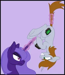 Size: 2551x2938 | Tagged: safe, artist:grypher, derpibooru import, oc, oc:littlepip, oc:violet gale, unofficial characters only, alicorn, pony, unicorn, fallout equestria, fanfic, artificial alicorn, cutie mark, fanfic art, female, glowing horn, grin, hanging, holding a pony, hooves, horn, image, levitation, looking at each other, magic, mare, missing accessory, nervous, not amused face, pipbuck, png, purple alicorn (fo:e), simple background, smiling, tail, tail pull, telekinesis, upside down, vector