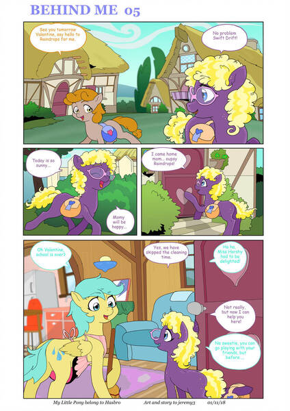 Size: 752x1063 | Tagged: safe, artist:jeremy3, derpibooru import, sunshower raindrops, oc, oc:swift drift, oc:valentine, earth pony, pegasus, pony, comic:behind me, alternate universe, bag, broom, chair, comic, couch, ponyville, refrigerator, saddle bag, sink, table