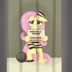Size: 960x960 | Tagged: artist:melissa-b-chan, ball and chain, bipedal, clothes, cute, derpibooru import, fluttershy, prison outfit, prison stripes, sad, safe, shyabetes, solo