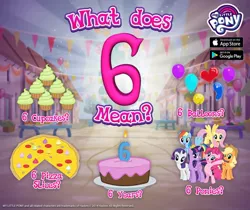 Size: 940x788 | Tagged: 6, alicorn, anniversary, applejack, balloon, cupcake, derpibooru import, fluttershy, food, gameloft, mane six, pinkie pie, pizza, rainbow dash, rarity, safe, twilight sparkle, twilight sparkle (alicorn)