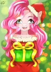 Size: 1280x1786 | Tagged: safe, artist:lucaaegus, derpibooru import, pinkie pie, anthro, christmas, christmas lights, hat, holiday, present, santa hat, solo