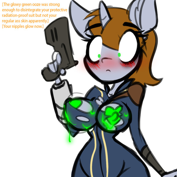 Size: 1000x1000 | Tagged: questionable, artist:lil miss jay, derpibooru import, oc, oc:littlepip, unofficial characters only, anthro, unicorn, fallout equestria, fanfic, areola, blushing, breasts, clothes, disintegration, embarrassed, embarrassed nude exposure, fanfic art, female, glow, glowing nipples, gun, handgun, heart areola, horn, nipples, nudity, pipboy, pipbuck, pistol, qtpop, ripping clothes, simple background, solo, vault suit, wardrobe malfunction, weapon, white background