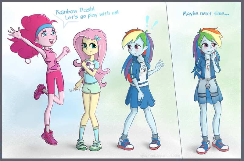 Size: 1800x1190 | Tagged: suggestive, artist:vyazinrei, derpibooru import, fluttershy, pinkie pie, rainbow dash, equestria girls, armpits, ball, bdsm, blushing, chastity, chastity belt, clothes, comic, compression shorts, converse, female, fetish, flutterdash, grammar error, headband, key, lesbian, orgasm denial, shipping, shirt, shoes, shorts, simple background, skirt, skirt pull, sneakers, t-shirt