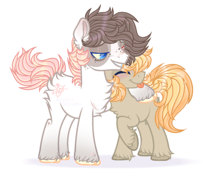 Size: 1024x861 | Tagged: safe, artist:_spacemonkeyz_, derpibooru import, oc, oc:knox, oc:summerset, unofficial characters only, earth pony, pony, base used, chest fluff, cloven hooves, duo, fluffy, hug, male, simple background, stallion, tongue out, transparent background, unshorn fetlocks, watermark