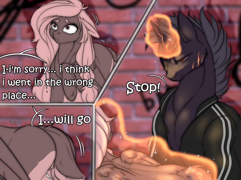 Size: 4000x3000 | Tagged: safe, artist:kuroran, derpibooru import, oc, oc:magma, oc:sugar boy, unofficial characters only, pegasus, pony, unicorn, clothes, comic, gay, imminent rape, imminent sex, male, nonconsensual, rcf community, scar, scared, stallion