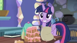 Size: 1334x750 | Tagged: safe, derpibooru import, screencap, twilight sparkle, twilight sparkle (alicorn), alicorn, pony, best gift ever, book, bowl, cake, cute, eggshell, female, food, kitchen, mare, messy mane, oven, poker face, she knows, smiling, solo, twiabetes, window, you tried
