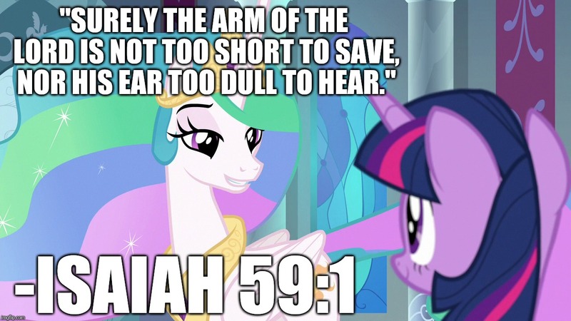 Size: 1280x720 | Tagged: alicorn, bible, bible verse, caption, christianity, comforting, derpibooru import, edit, edited screencap, editor:useraccount, god, horse play, image macro, isaiah, judaism, meme, princess celestia, religion, safe, screencap, text, the book of isaiah, twilight sparkle, twilight sparkle (alicorn)