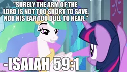 Size: 1280x720 | Tagged: alicorn, bible, bible verse, caption, christianity, comforting, derpibooru import, edit, edited screencap, editor:useraccount, god, horse play, image macro, isaiah, judaism, meme, princess celestia, religion, safe, screencap, text, the book of isaiah, twilight sparkle, twilight sparkle (alicorn)