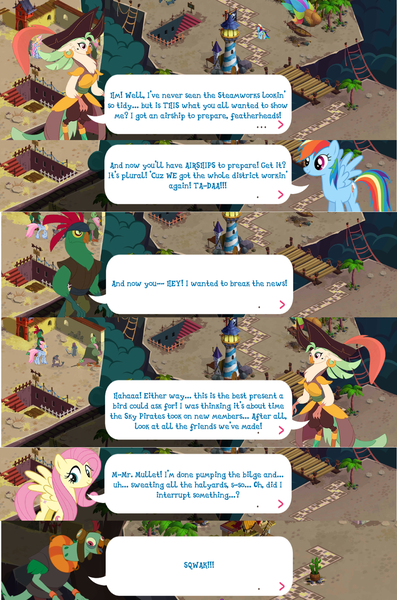 Size: 1280x1936 | Tagged: boyle, captain celaeno, derpibooru import, fluttershy, gameloft, hippogriff, klugetown, mullet (character), my little pony: the movie, parrot pirates, pirate, rainbow dash, safe, stratus skyranger