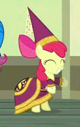 Size: 278x439 | Tagged: adorabloom, animated, apple bloom, clothes, costume, cropped, cute, derpibooru import, dress, eyes closed, female, filly, for whom the sweetie belle toils, gif, grin, happy, hennin, hoofy-kicks, loop, princess costume, princess hat, princess outfit, rearing, safe, scootaloo, screencap, smiling, solo focus, squee