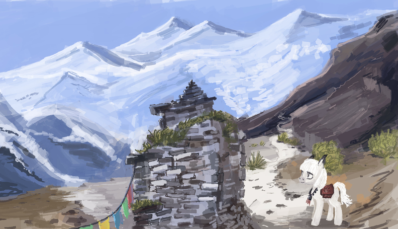 Size: 1734x1000 | Tagged: safe, artist:ony01, derpibooru import, earth pony, pony, blanket, flag, looking at something, mountain, pilgrim, pilgrim outfit, ruins, scenery, solo, standing