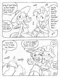 Size: 849x1100 | Tagged: safe, artist:circe, derpibooru import, applejack, fluttershy, pinkie pie, anthro, bat pony, comic:soreloser, applejerk, black and white, blushing, breasts, busty fluttershy, clothes, dress, flutterbat, grayscale, hat, imminent spanking, implied spanking, monochrome, race swap, sundress, sun hat, towel, traditional art