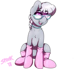Size: 2215x2086 | Tagged: safe, artist:aaa-its-spook, derpibooru import, silver spoon, earth pony, pony, accessories, clothes, cute, female, filly, glasses, jewelry, looking at you, necklace, pearl necklace, simple background, smiling, socks, transparent background