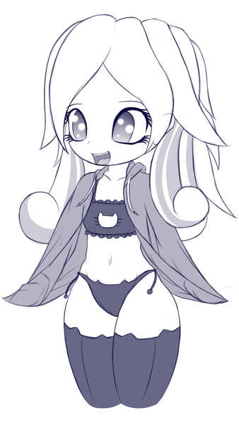 Size: 1800x3200 | Tagged: artist:an-m, belly button, bra, cat lingerie, clothes, crop top bra, cute, derpibooru import, female, frilly underwear, grayscale, human, humanized, jacket, lingerie, monochrome, oc, oc:snowdrop, panties, safe, side knot underwear, socks, solo, underwear, unofficial characters only, wide hips