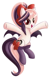Size: 2396x3746 | Tagged: safe, artist:sethisto, derpibooru import, oc, oc:sweet velvet, unofficial characters only, bat pony, pony, bat pony oc, bat wings, bow, clothes, cute, female, hair bow, mare, open mouth, smiling, socks, stockings, thigh highs, wings