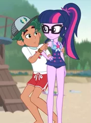 Size: 435x587 | Tagged: safe, derpibooru import, screencap, sci-twi, timber spruce, twilight sparkle, equestria girls, equestria girls series, unsolved selfie mysteries, clothes, cropped, duo, female, geode of telekinesis, legs, lifeguard, lifeguard timber, magical geodes, male, one-piece swimsuit, ponytail, shorts, swimsuit