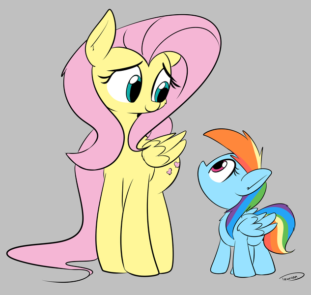 Size: 2455x2326 | Tagged: safe, artist:taurson, derpibooru import, fluttershy, rainbow dash, pegasus, pony, cute, dashabetes, duo, female, filly, filly rainbow dash, folded wings, height difference, looking at each other, looking down, looking up, macro, mare, shyabetes, simple background, size difference, smoldash, standing, tallershy, wings, younger