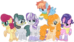 Size: 1024x586 | Tagged: safe, artist:bezziie, derpibooru import, cloudy quartz, cookie crumbles, pear butter, posey shy, twilight velvet, windy whistles, pony, alternate design, alternate hairstyle, clothes, curved horn, horn, mom six, simple background, transparent background