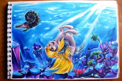 Size: 4608x3072 | Tagged: artist:light-of-inirida, derpibooru import, derpy hooves, female, jellyfish, nautilus, ocean, photo, safe, sea anemone, seaponified, seapony derpy, seapony (g4), sea turtle, sketchbook, solo, species swap, traditional art, underwater