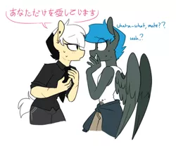 Size: 790x657 | Tagged: safe, artist:redxbacon, derpibooru import, oc, oc:jade shine, oc:note clip, unofficial characters only, anthro, earth pony, pegasus, anthro oc, blushing, clothes, dialogue, japanese, looking at each other, necktie, nervous, pants, shirt, simple background, smiling, spread wings, sweat, white background, wings