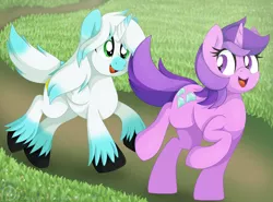 Size: 2348x1738 | Tagged: safe, artist:pearlyiridescence, derpibooru import, amethyst star, oc, oc:skyler, alicorn, pony, unicorn, alicorn oc, colored wings, female, field, flower field, gradient hooves, gradient mane, gradient wings, horn, looking back, male, mare, open mouth, outdoors, running, smiling, stallion, unshorn fetlocks, wings