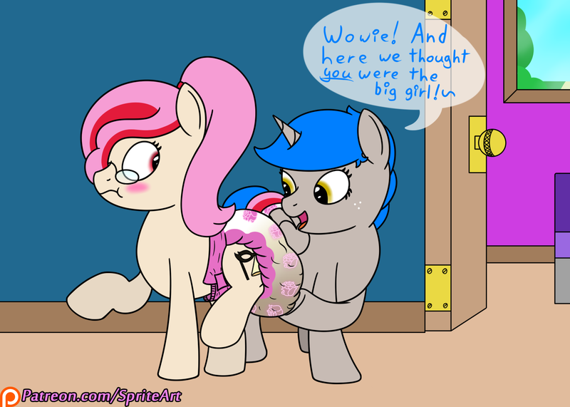 Size: 1400x1000 | Tagged: questionable, artist:spritepony, derpibooru import, oc, oc:sprite, oc:understudy, unofficial characters only, alicorn, earth pony, pony, adult foal, alicorn oc, blushing, caught, cute, diaper, diaper fetish, diaper pat, earth pony oc, fetish, glasses, horn, messy diaper, patreon, patreon link, patreon logo, poofy diaper, poop, poopy diaper, present, raised leg, shipping, speech, speech bubble, sprite's ponyville house, talking, text, wet diaper, wings