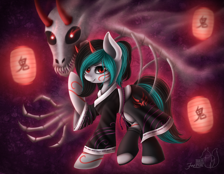 Size: 1023x796 | Tagged: safe, artist:hoodiefoxy, derpibooru import, oc, oc:onihime, unofficial characters only, demon, pony, bone, clothes, face paint, horns, lantern, skeleton, solo