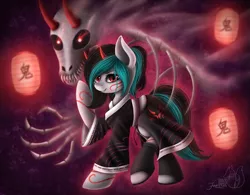 Size: 1023x796 | Tagged: safe, artist:hoodiefoxy, derpibooru import, oc, oc:onihime, unofficial characters only, demon, pony, bone, clothes, face paint, horns, lantern, skeleton, solo