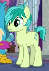 Size: 284x410 | Tagged: safe, derpibooru import, screencap, gallus, sandbar, earth pony, pony, school daze, cropped, cutie mark, male, offscreen character, smiling, teenager