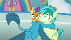 Size: 1280x720 | Tagged: safe, derpibooru import, screencap, gallus, sandbar, smolder, dragon, earth pony, gryphon, pony, school daze, cutie mark, dragoness, female, hug, male, paw pads, paws, surprise hug, tail, teenager, trio